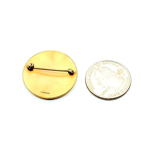 Vintage Lamode Engraved Brooch, Gold Tone Round Floral Lapel  Vintage Lamode Engraved Brooch, Gold Tone Round Floral Lapel Pin